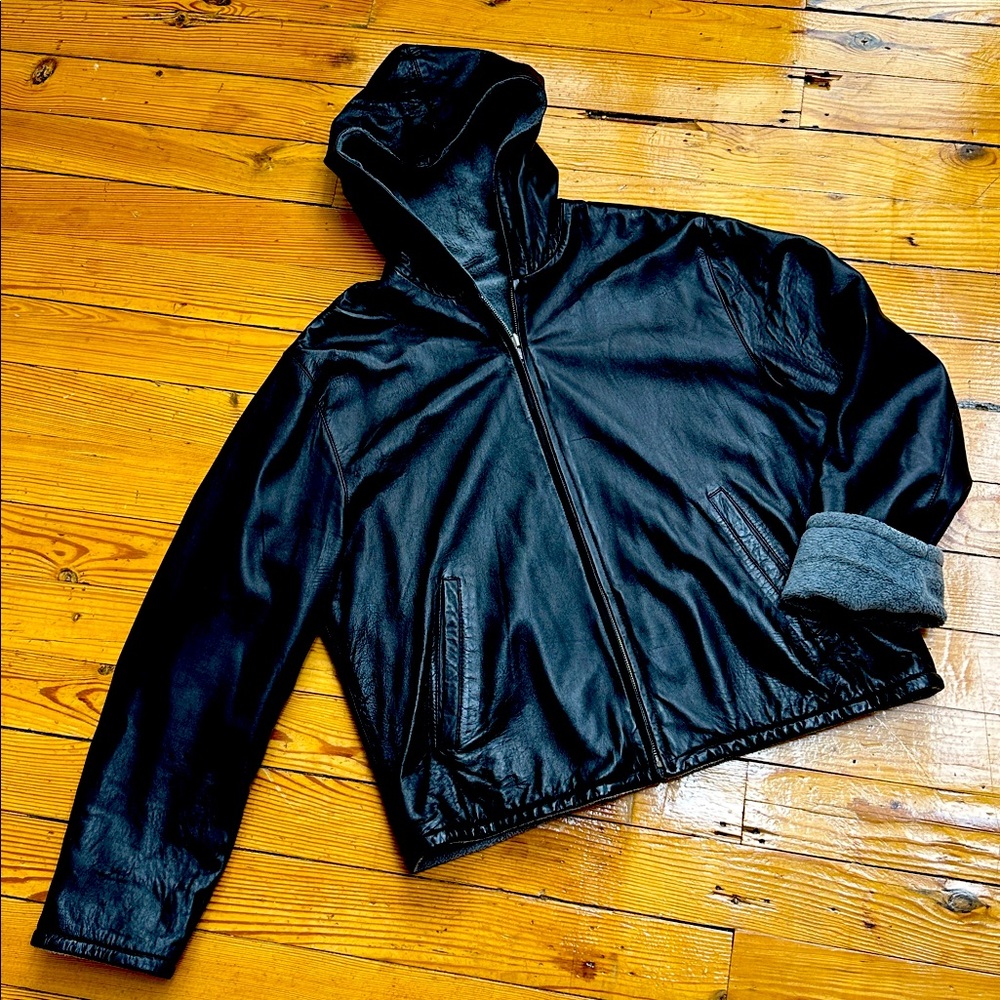 Boston Proper Leather Jacket Hooded Black REVERSIBLE L